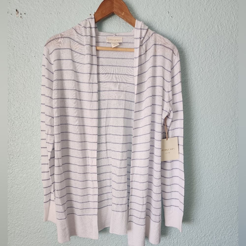 Cynthia Rowley White and Blue Cardigan Hoodie Linen Blend